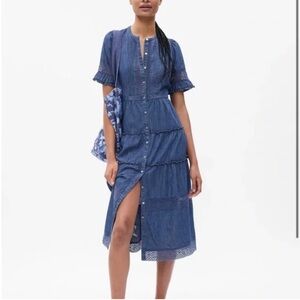 GAP Blue Denim Midi Dress with Lace Trim